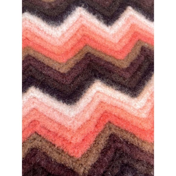 Vintage Chevron Wool Small Crochet Afghan Lapghan Orange Brown Retro - Picture 8 of 13